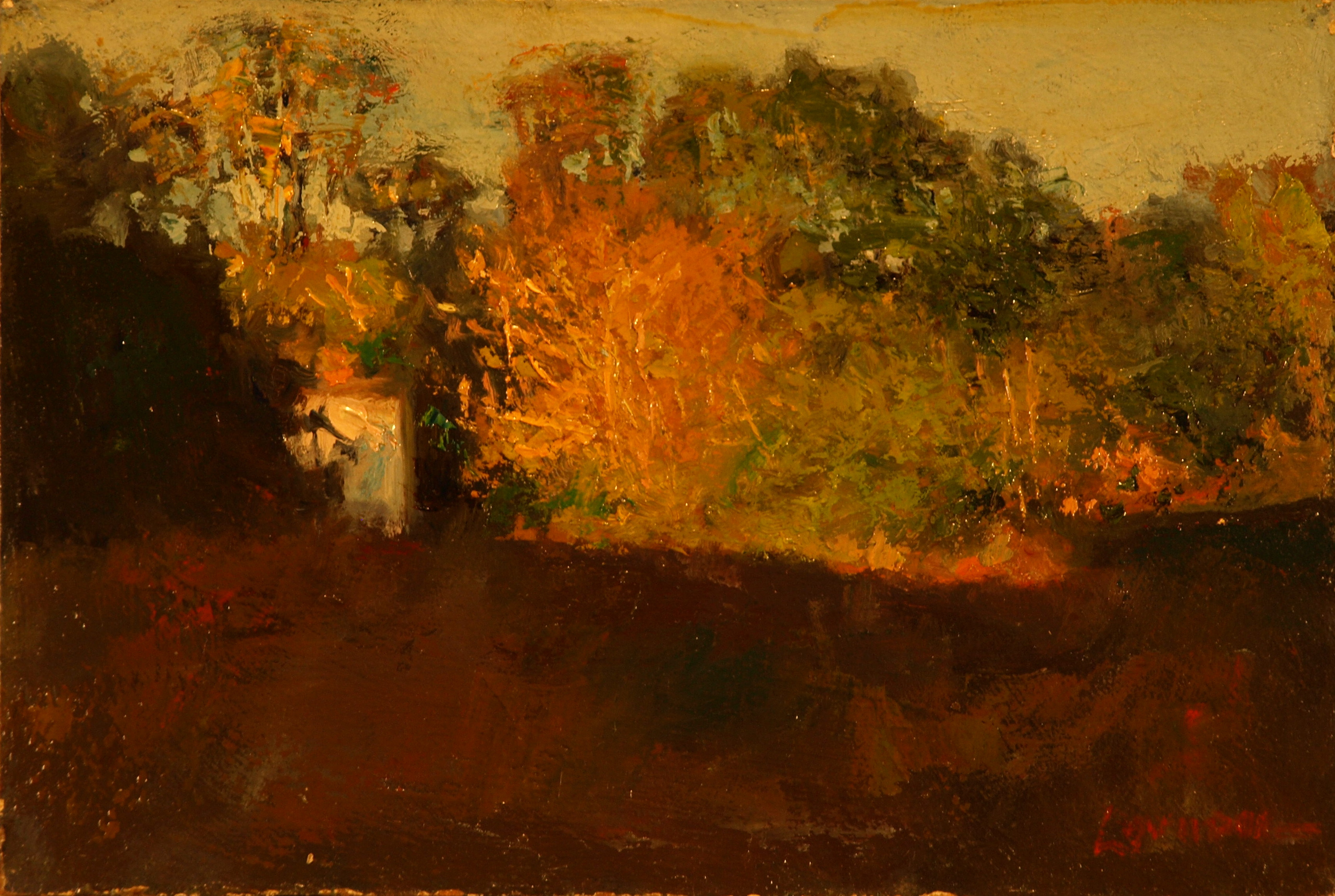 House in Autumn Sunset, Oil on Panel, 8 x 12 Inches, by Bernard Lennon, $400