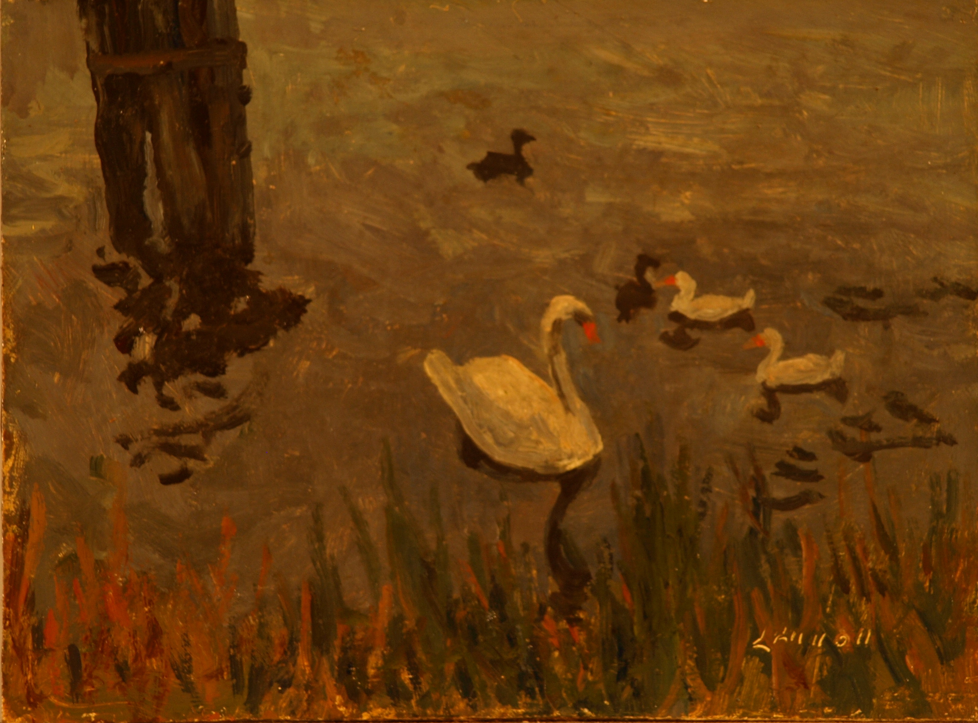 Swan and Ducks, Oil on Panel, 6 x 8 Inches, by Bernard Lennon, $175