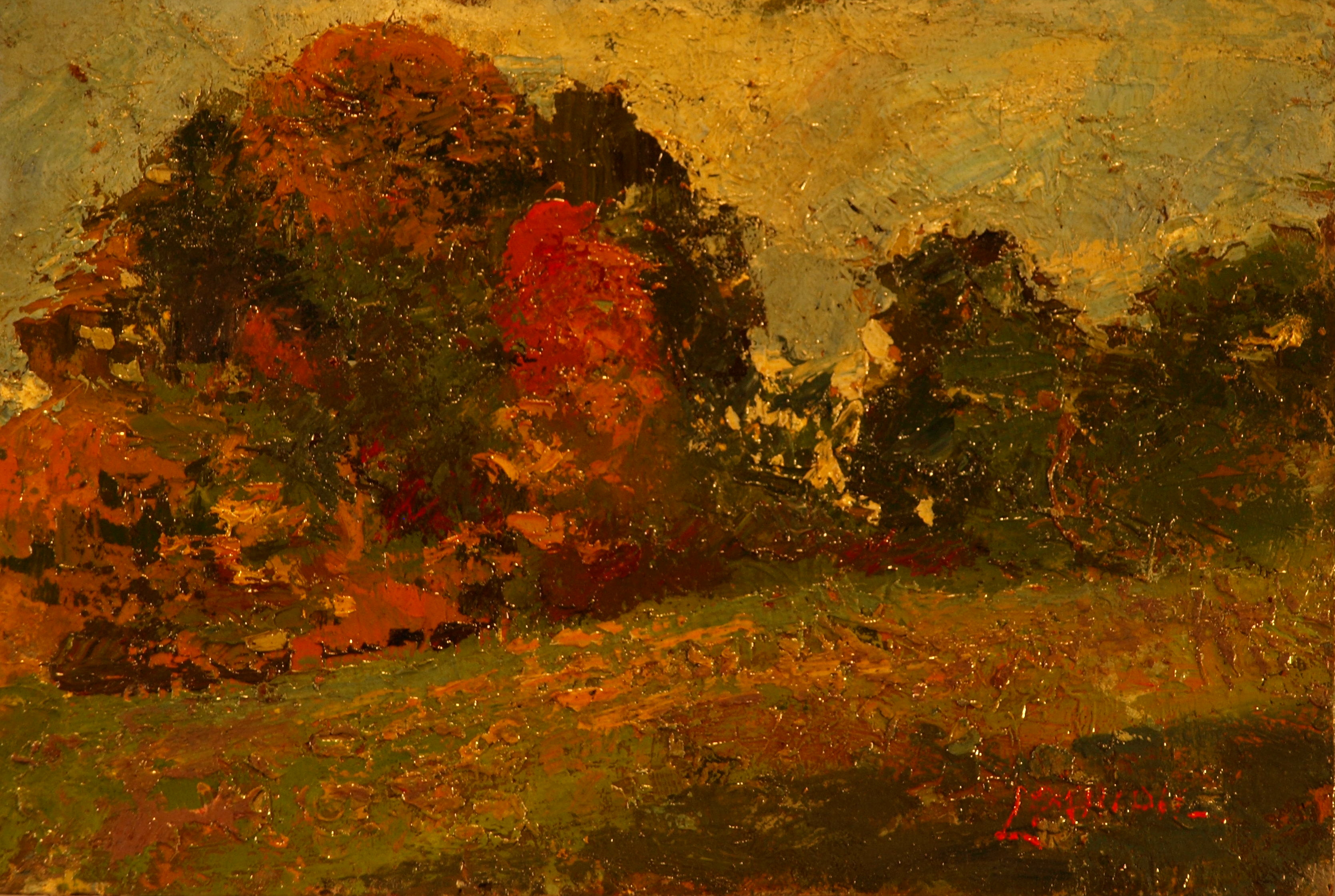 The Red Tree, Oil on Panel, 8 x 12 Inches, by Bernard Lennon, $300