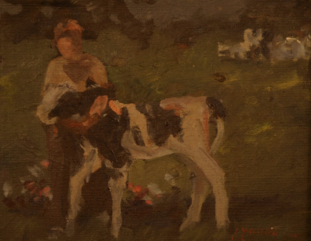 Boy with Calf, Oil on Panel, 8 x 10 Inches, by Bernard Lennon, $1500