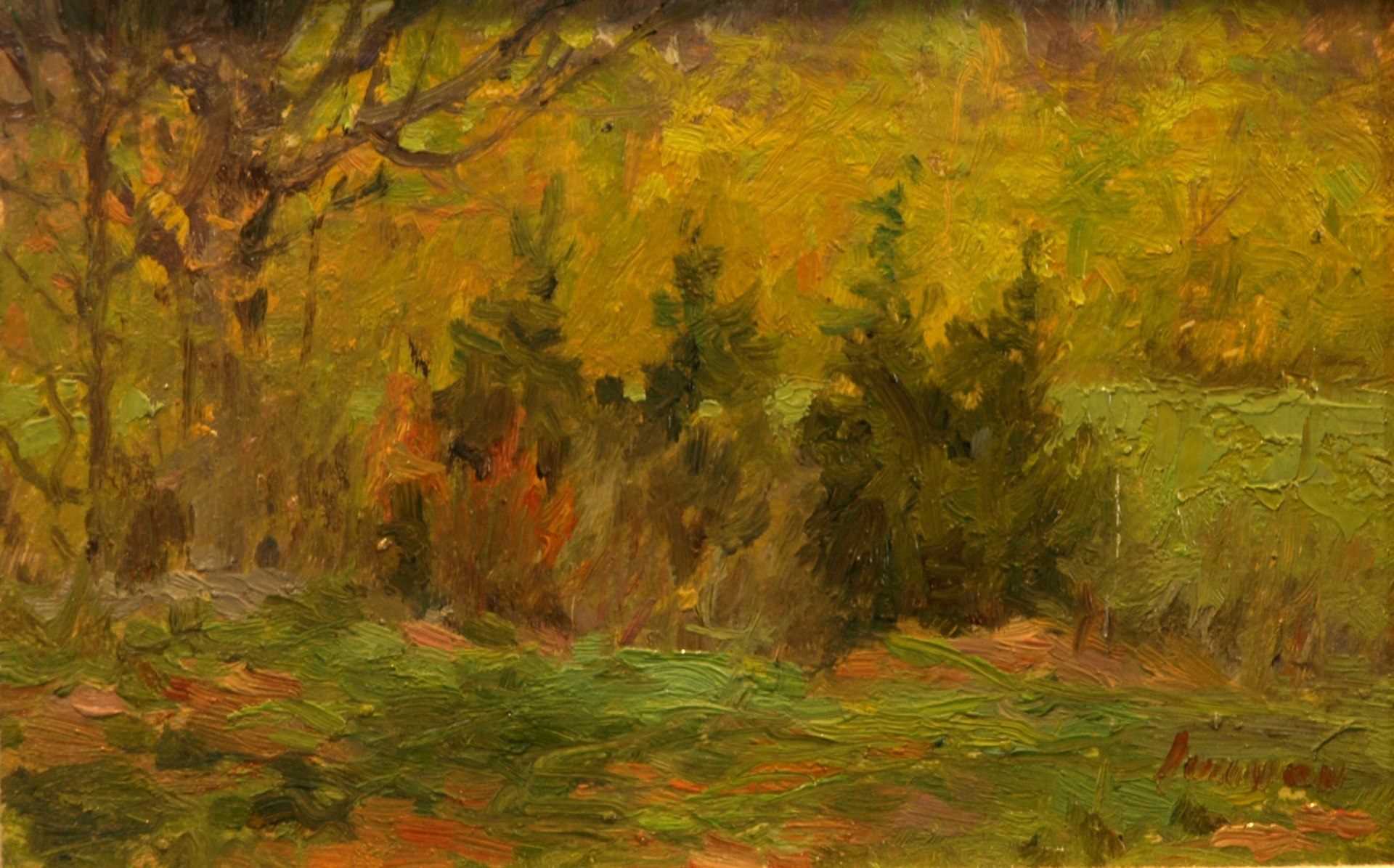 Four Cedars - Springtime, Oil on Panel, 6 x 10 Inches, by Bernard Lennon, $225