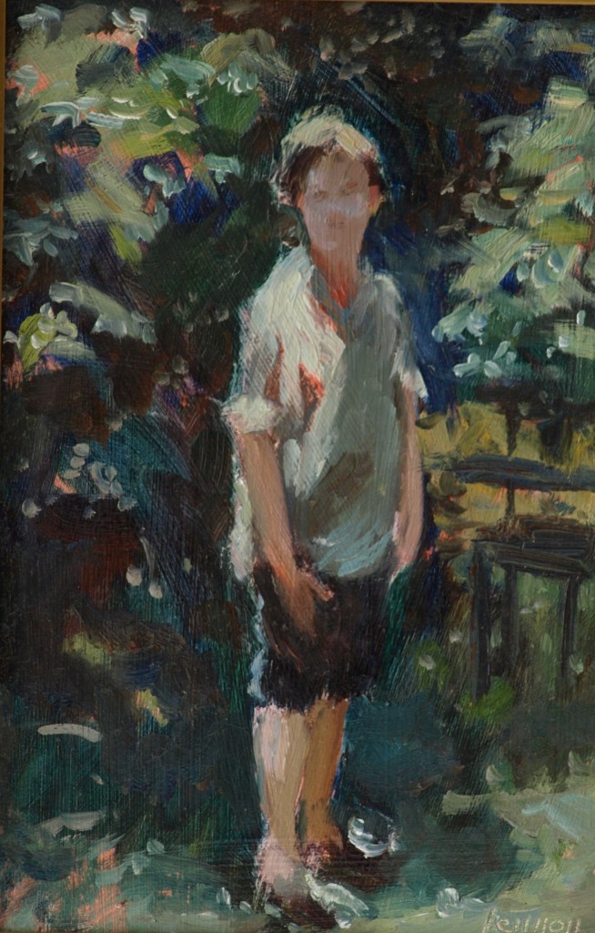 Ruth in the Woods, Oil on Panel, 12 x 8 Inches, by Bernard Lennon, $200