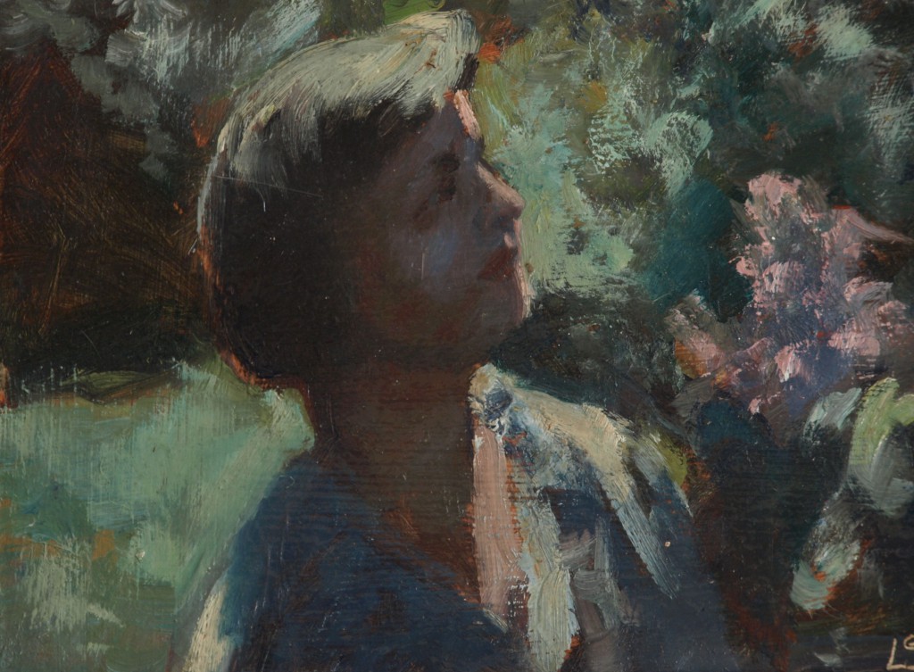 Ruth Smelling Lilacs, Oil on Panel, 8 x 12 Inches, by Bernard Lennon, $225