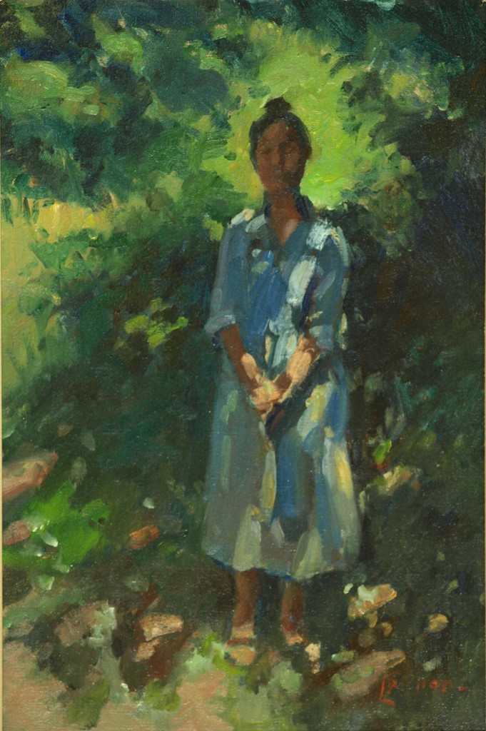 Sue in White, Oil on Canvas, 24 x 16 Inches, by Bernard Lennon, $675
