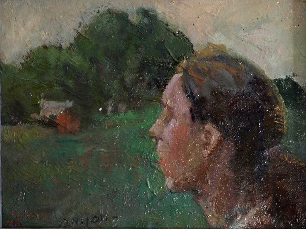 Sue Viewing a Landscape, Oil on Panel, 6 x 8 Inches, by Bernard Lennon, $175